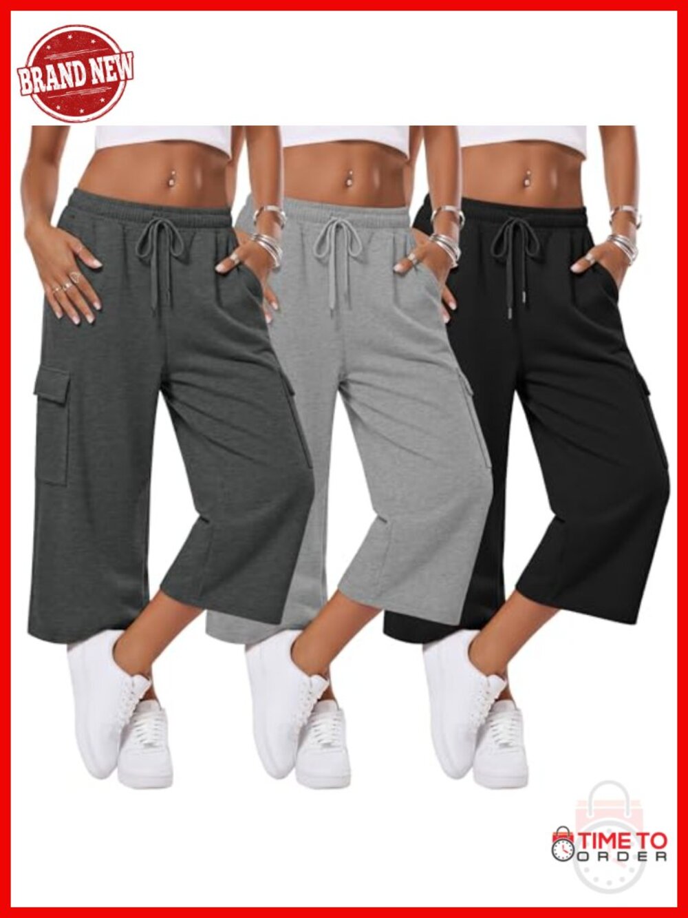 3 Pack Womens Cargo Capris Wide Leg Loose Workout Active Pants Baggy Cropped